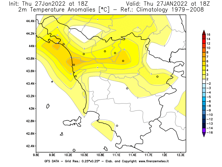 Mappa di analisi GFS - Anomalia Temperatura [°C] a 2 m in Toscana
							del 27/01/2022 18 <!--googleoff: index-->UTC<!--googleon: index-->