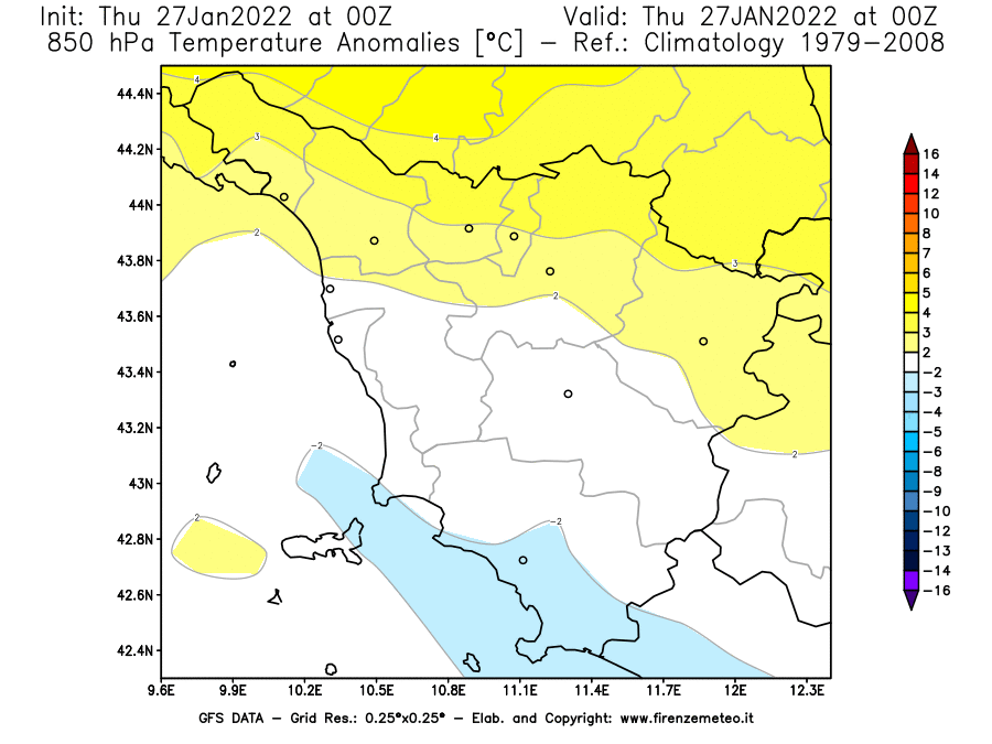 Mappa di analisi GFS - Anomalia Temperatura [°C] a 850 hPa in Toscana
							del 27/01/2022 00 <!--googleoff: index-->UTC<!--googleon: index-->