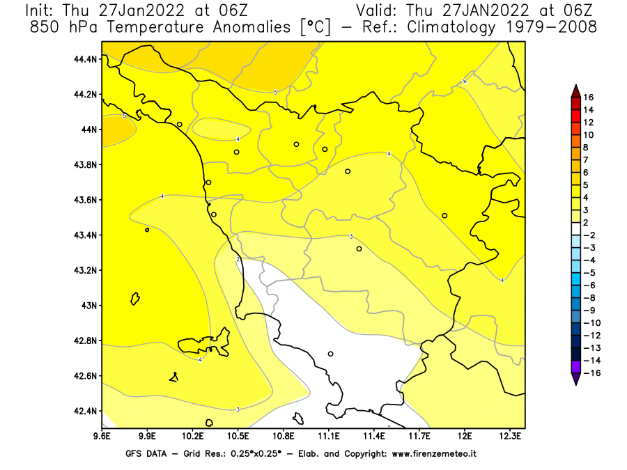 Mappa di analisi GFS - Anomalia Temperatura [°C] a 850 hPa in Toscana
							del 27/01/2022 06 <!--googleoff: index-->UTC<!--googleon: index-->