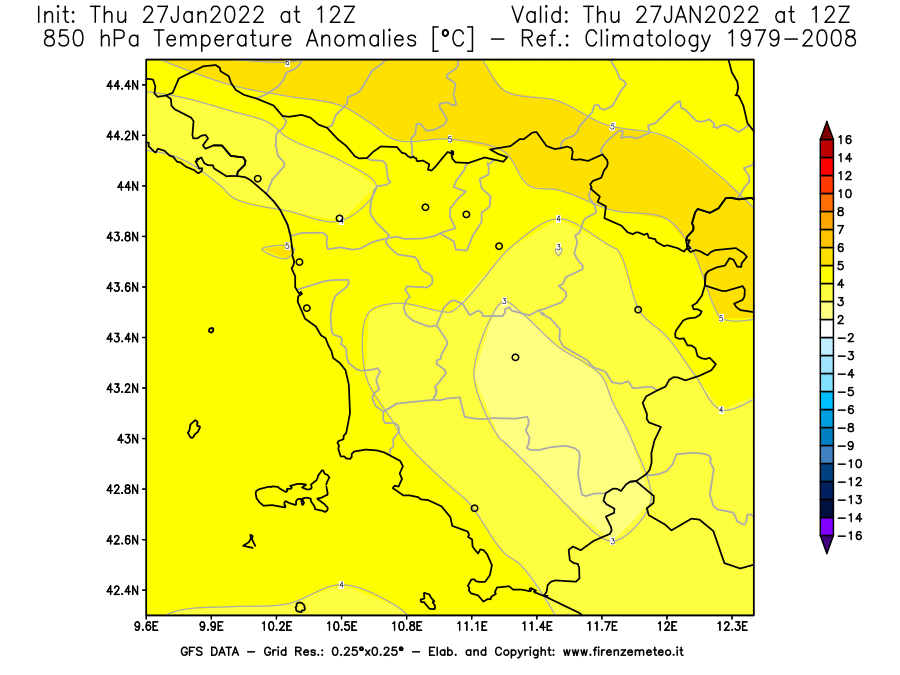Mappa di analisi GFS - Anomalia Temperatura [°C] a 850 hPa in Toscana
							del 27/01/2022 12 <!--googleoff: index-->UTC<!--googleon: index-->