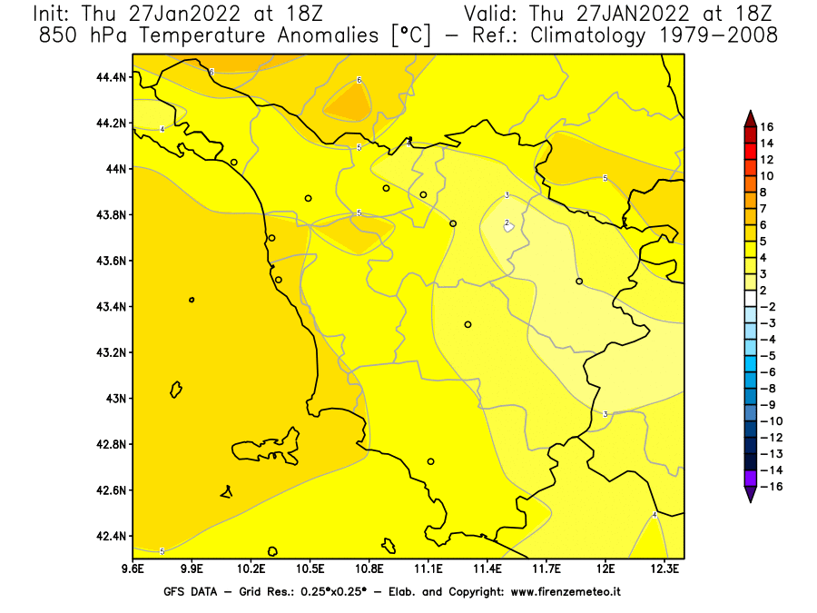 Mappa di analisi GFS - Anomalia Temperatura [°C] a 850 hPa in Toscana
							del 27/01/2022 18 <!--googleoff: index-->UTC<!--googleon: index-->