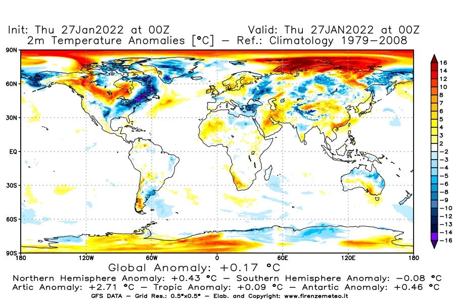Mappa di analisi GFS - Anomalia Temperatura [°C] a 2 m in World
							del 27/01/2022 00 <!--googleoff: index-->UTC<!--googleon: index-->