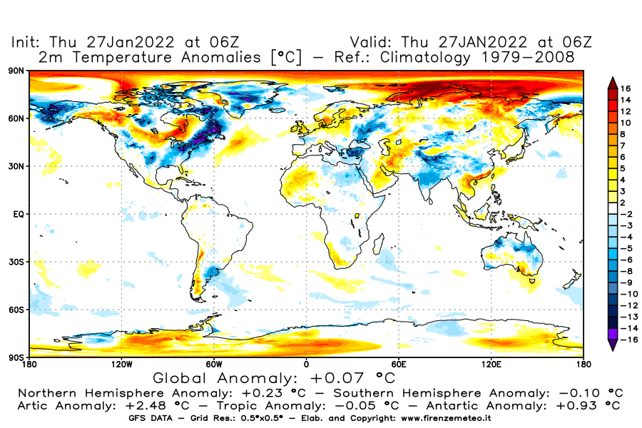 Mappa di analisi GFS - Anomalia Temperatura [°C] a 2 m in World
							del 27/01/2022 06 <!--googleoff: index-->UTC<!--googleon: index-->