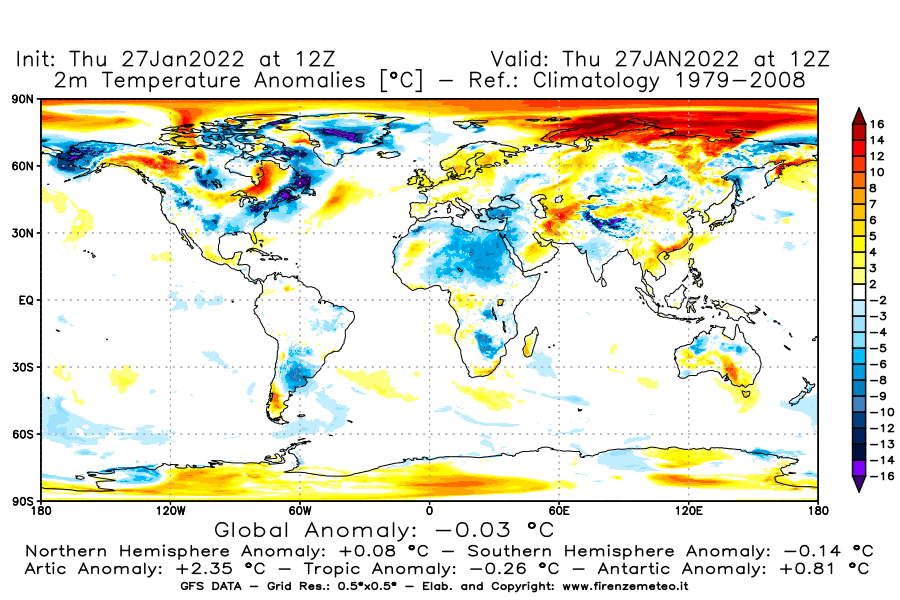 Mappa di analisi GFS - Anomalia Temperatura [°C] a 2 m in World
							del 27/01/2022 12 <!--googleoff: index-->UTC<!--googleon: index-->