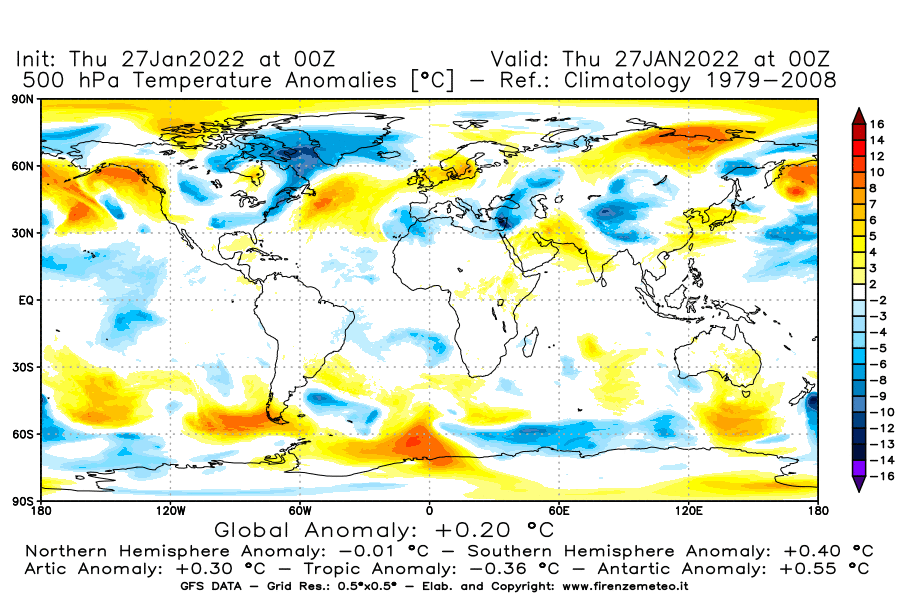 Mappa di analisi GFS - Anomalia Temperatura [°C] a 500 hPa in World
							del 27/01/2022 00 <!--googleoff: index-->UTC<!--googleon: index-->