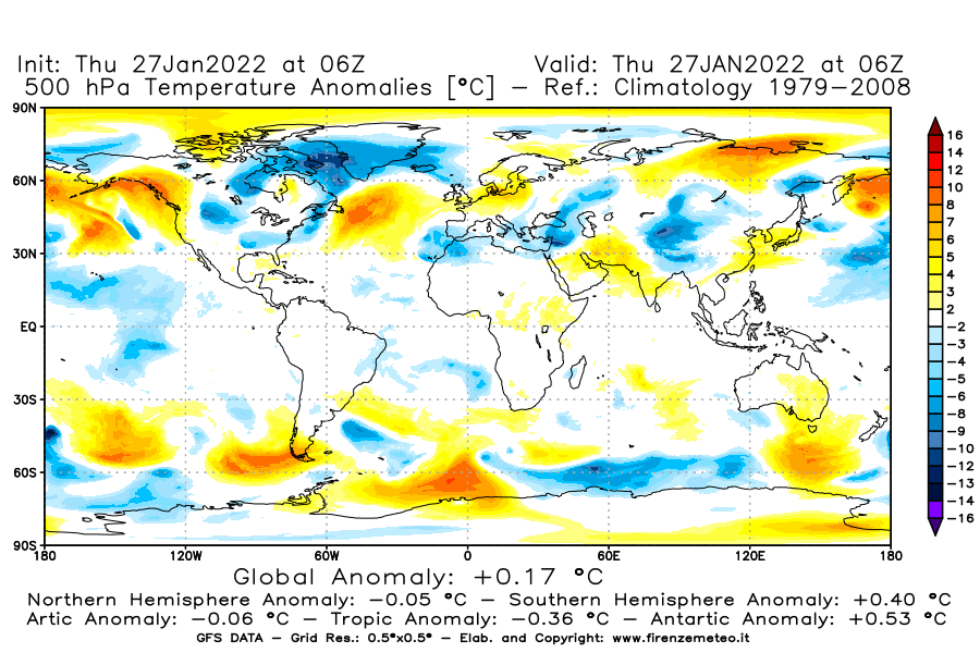 Mappa di analisi GFS - Anomalia Temperatura [°C] a 500 hPa in World
							del 27/01/2022 06 <!--googleoff: index-->UTC<!--googleon: index-->