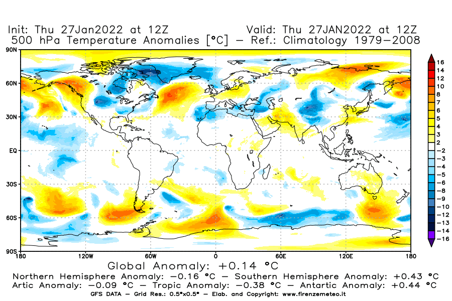 Mappa di analisi GFS - Anomalia Temperatura [°C] a 500 hPa in World
							del 27/01/2022 12 <!--googleoff: index-->UTC<!--googleon: index-->