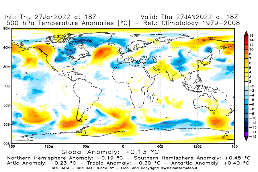 Mappa di analisi GFS - Anomalia Temperatura [°C] a 500 hPa in World
							del 27/01/2022 18 <!--googleoff: index-->UTC<!--googleon: index-->
