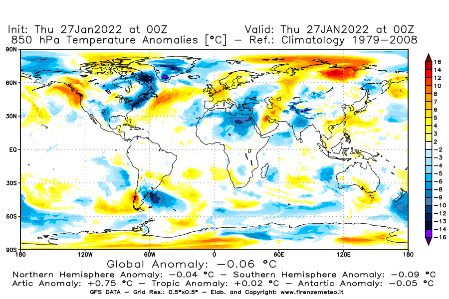 Mappa di analisi GFS - Anomalia Temperatura [°C] a 850 hPa in World
							del 27/01/2022 00 <!--googleoff: index-->UTC<!--googleon: index-->