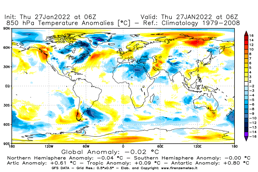 Mappa di analisi GFS - Anomalia Temperatura [°C] a 850 hPa in World
							del 27/01/2022 06 <!--googleoff: index-->UTC<!--googleon: index-->