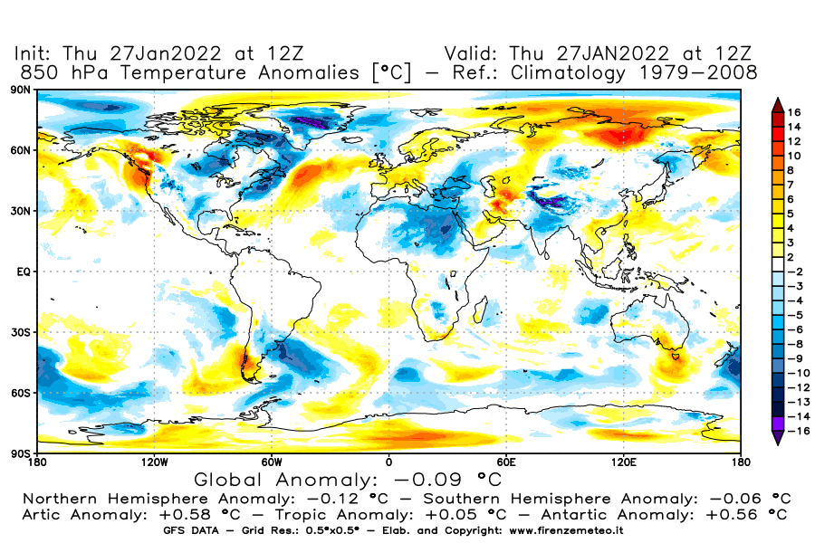 Mappa di analisi GFS - Anomalia Temperatura [°C] a 850 hPa in World
							del 27/01/2022 12 <!--googleoff: index-->UTC<!--googleon: index-->