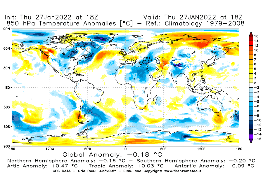 Mappa di analisi GFS - Anomalia Temperatura [°C] a 850 hPa in World
							del 27/01/2022 18 <!--googleoff: index-->UTC<!--googleon: index-->