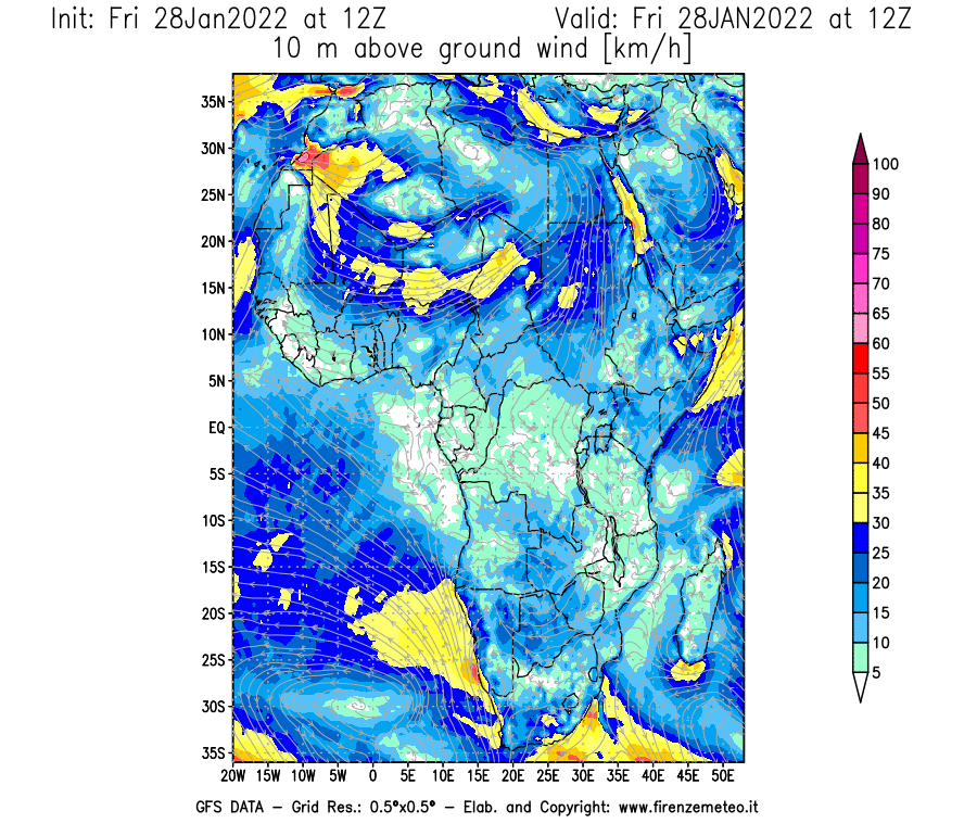 Mappa di analisi GFS - Velocità del vento a 10 metri dal suolo [km/h] in Africa
							del 28/01/2022 12 <!--googleoff: index-->UTC<!--googleon: index-->