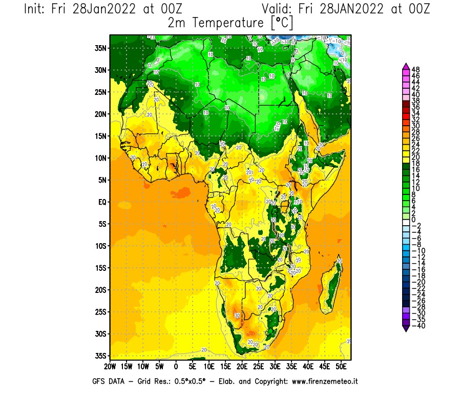 Mappa di analisi GFS - Temperatura a 2 metri dal suolo [°C] in Africa
							del 28/01/2022 00 <!--googleoff: index-->UTC<!--googleon: index-->