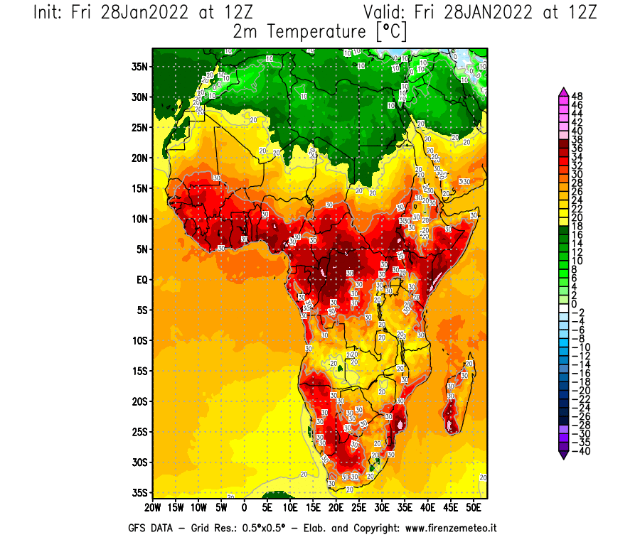 Mappa di analisi GFS - Temperatura a 2 metri dal suolo [°C] in Africa
							del 28/01/2022 12 <!--googleoff: index-->UTC<!--googleon: index-->