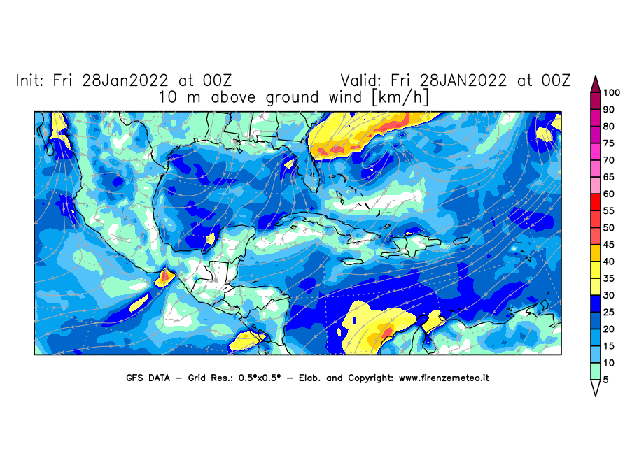 Mappa di analisi GFS - Velocità del vento a 10 metri dal suolo [km/h] in Centro-America
							del 28/01/2022 00 <!--googleoff: index-->UTC<!--googleon: index-->