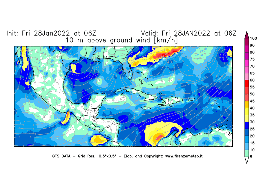 Mappa di analisi GFS - Velocità del vento a 10 metri dal suolo [km/h] in Centro-America
							del 28/01/2022 06 <!--googleoff: index-->UTC<!--googleon: index-->