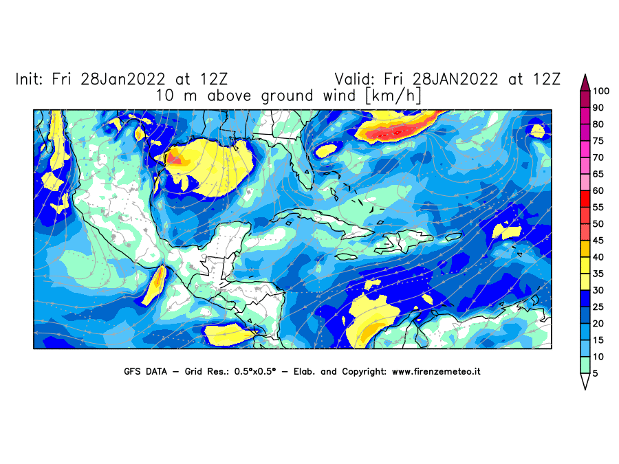 Mappa di analisi GFS - Velocità del vento a 10 metri dal suolo [km/h] in Centro-America
							del 28/01/2022 12 <!--googleoff: index-->UTC<!--googleon: index-->
