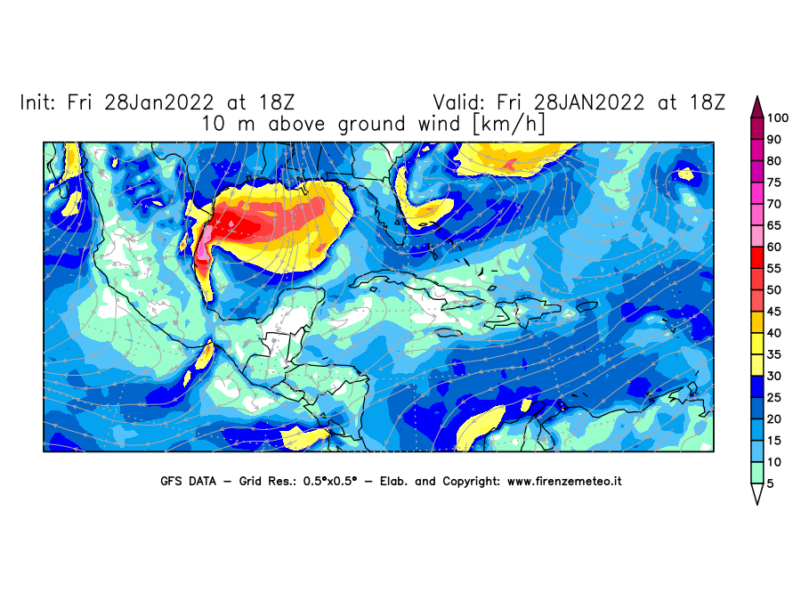 Mappa di analisi GFS - Velocità del vento a 10 metri dal suolo [km/h] in Centro-America
							del 28/01/2022 18 <!--googleoff: index-->UTC<!--googleon: index-->