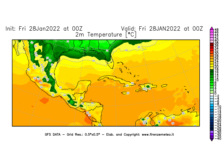 Mappa di analisi GFS - Temperatura a 2 metri dal suolo [°C] in Centro-America
							del 28/01/2022 00 <!--googleoff: index-->UTC<!--googleon: index-->
