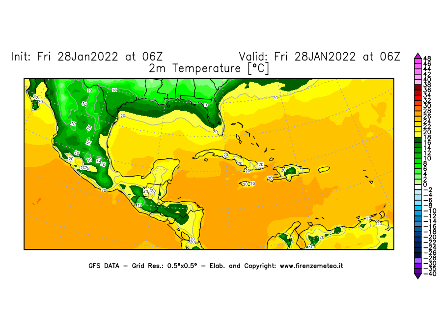 Mappa di analisi GFS - Temperatura a 2 metri dal suolo [°C] in Centro-America
							del 28/01/2022 06 <!--googleoff: index-->UTC<!--googleon: index-->