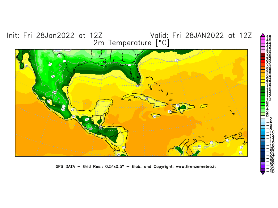 Mappa di analisi GFS - Temperatura a 2 metri dal suolo [°C] in Centro-America
							del 28/01/2022 12 <!--googleoff: index-->UTC<!--googleon: index-->