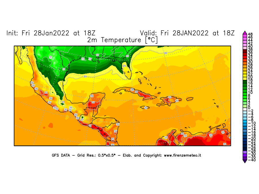 Mappa di analisi GFS - Temperatura a 2 metri dal suolo [°C] in Centro-America
							del 28/01/2022 18 <!--googleoff: index-->UTC<!--googleon: index-->