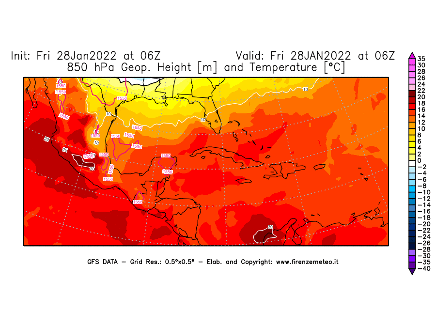 Mappa di analisi GFS - Geopotenziale [m] e Temperatura [°C] a 850 hPa in Centro-America
							del 28/01/2022 06 <!--googleoff: index-->UTC<!--googleon: index-->