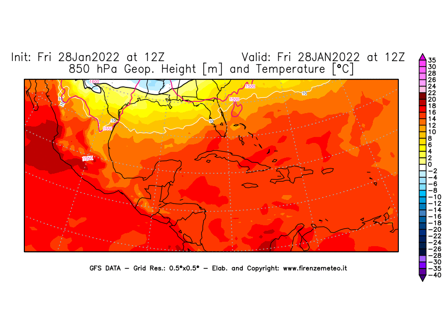 Mappa di analisi GFS - Geopotenziale [m] e Temperatura [°C] a 850 hPa in Centro-America
							del 28/01/2022 12 <!--googleoff: index-->UTC<!--googleon: index-->