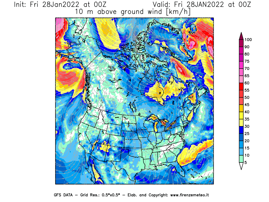 Mappa di analisi GFS - Velocità del vento a 10 metri dal suolo [km/h] in Nord-America
							del 28/01/2022 00 <!--googleoff: index-->UTC<!--googleon: index-->