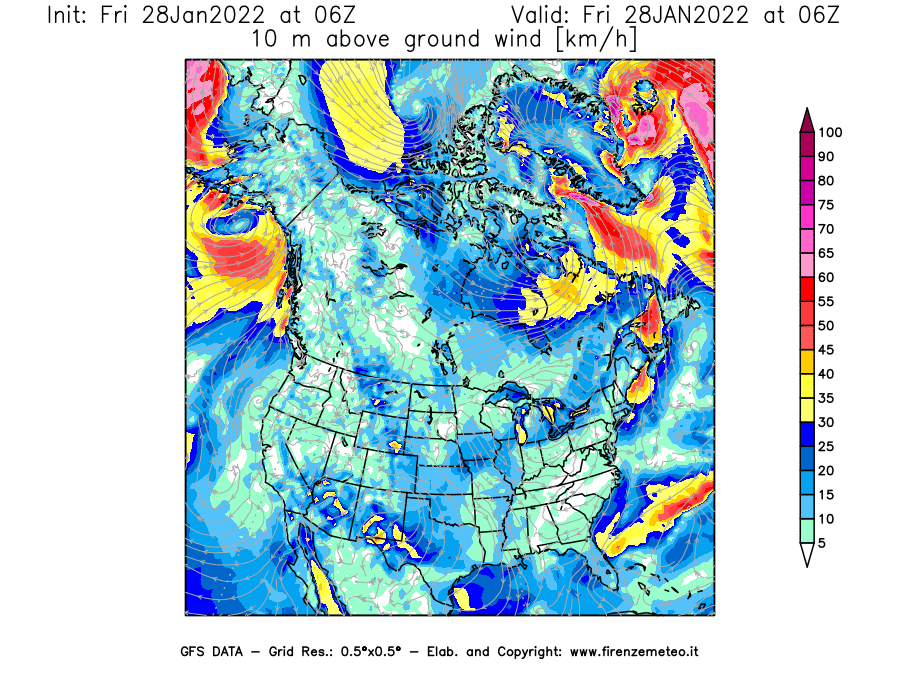 Mappa di analisi GFS - Velocità del vento a 10 metri dal suolo [km/h] in Nord-America
							del 28/01/2022 06 <!--googleoff: index-->UTC<!--googleon: index-->