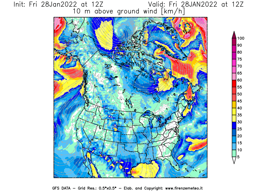 Mappa di analisi GFS - Velocità del vento a 10 metri dal suolo [km/h] in Nord-America
							del 28/01/2022 12 <!--googleoff: index-->UTC<!--googleon: index-->