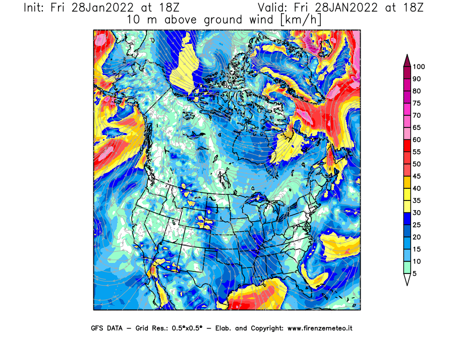 Mappa di analisi GFS - Velocità del vento a 10 metri dal suolo [km/h] in Nord-America
							del 28/01/2022 18 <!--googleoff: index-->UTC<!--googleon: index-->