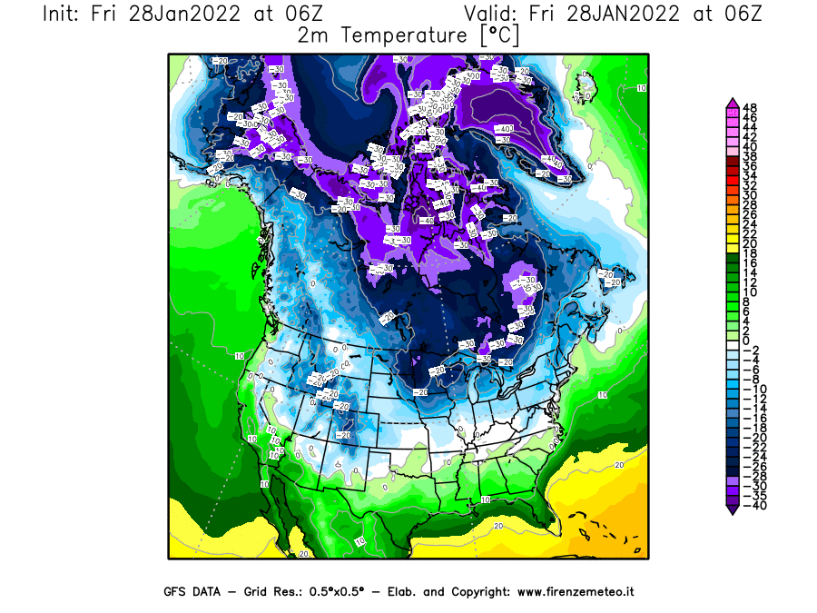 Mappa di analisi GFS - Temperatura a 2 metri dal suolo [°C] in Nord-America
							del 28/01/2022 06 <!--googleoff: index-->UTC<!--googleon: index-->
