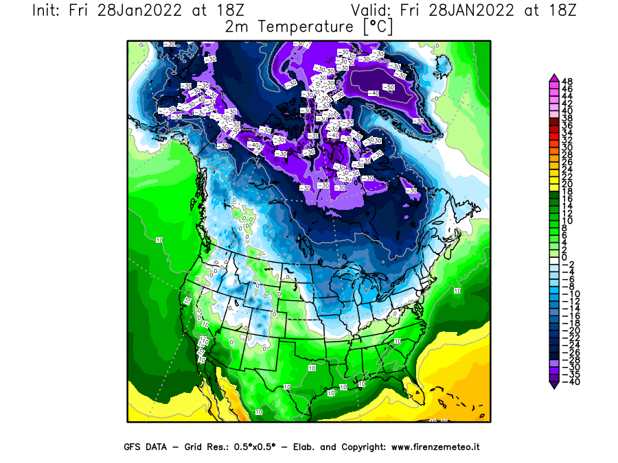 Mappa di analisi GFS - Temperatura a 2 metri dal suolo [°C] in Nord-America
							del 28/01/2022 18 <!--googleoff: index-->UTC<!--googleon: index-->