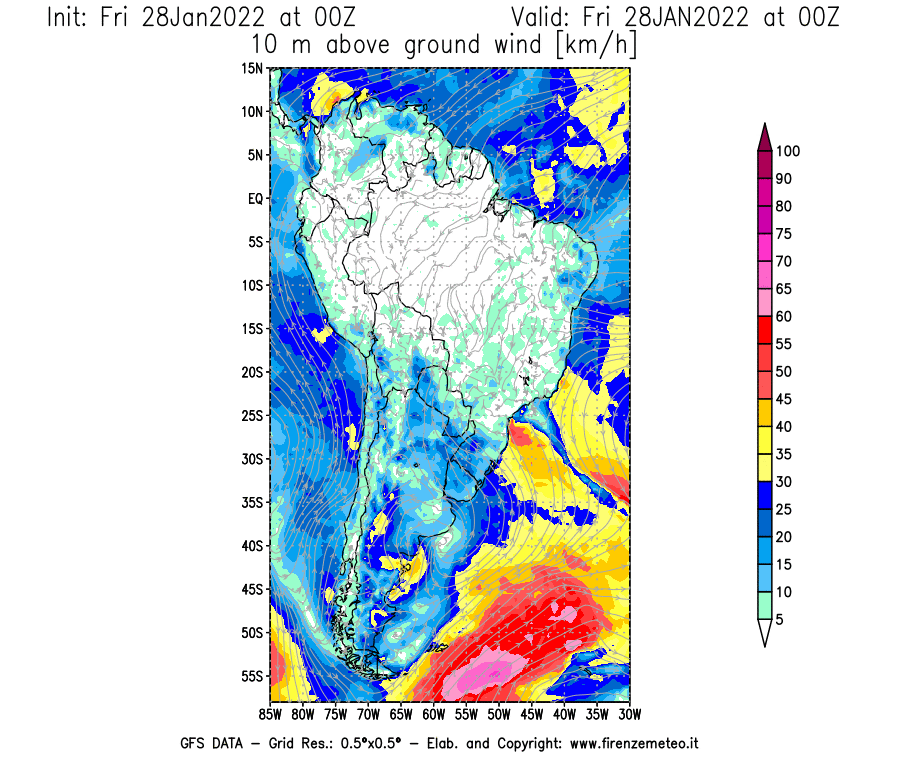 Mappa di analisi GFS - Velocità del vento a 10 metri dal suolo [km/h] in Sud-America
							del 28/01/2022 00 <!--googleoff: index-->UTC<!--googleon: index-->