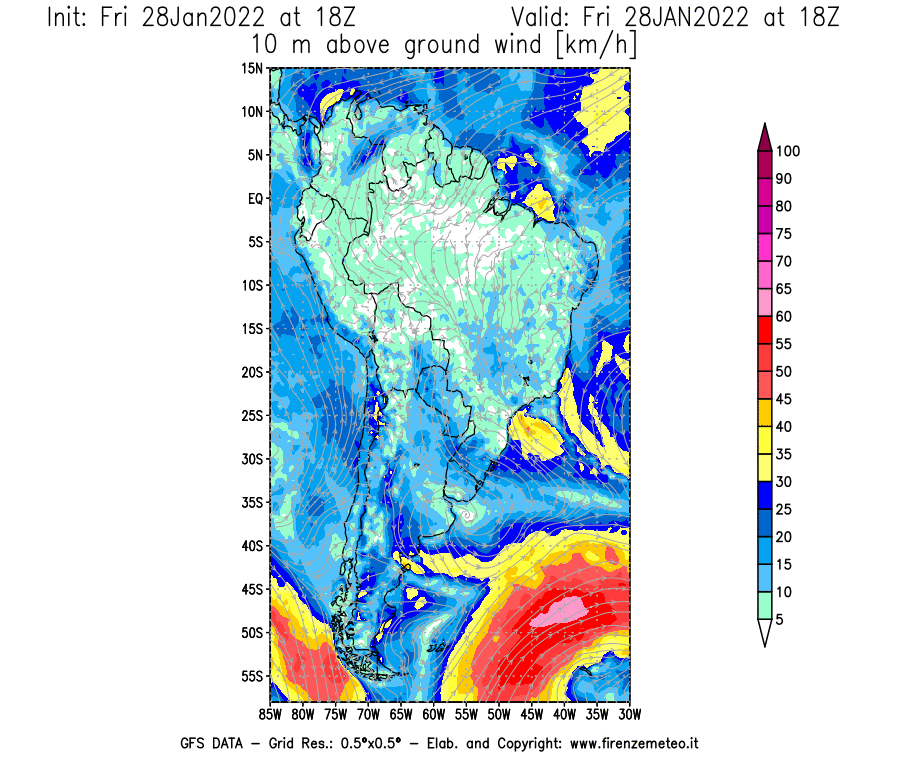 Mappa di analisi GFS - Velocità del vento a 10 metri dal suolo [km/h] in Sud-America
							del 28/01/2022 18 <!--googleoff: index-->UTC<!--googleon: index-->