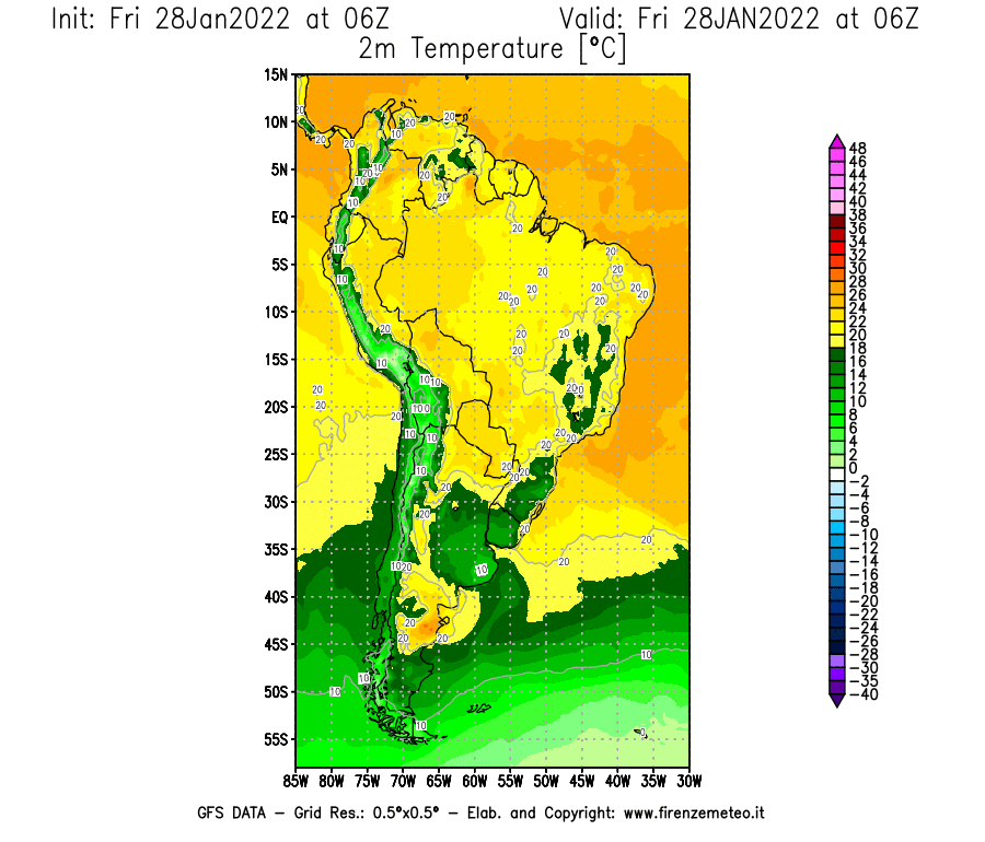 Mappa di analisi GFS - Temperatura a 2 metri dal suolo [°C] in Sud-America
							del 28/01/2022 06 <!--googleoff: index-->UTC<!--googleon: index-->