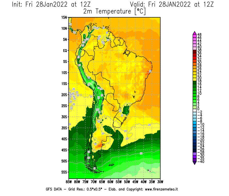 Mappa di analisi GFS - Temperatura a 2 metri dal suolo [°C] in Sud-America
							del 28/01/2022 12 <!--googleoff: index-->UTC<!--googleon: index-->