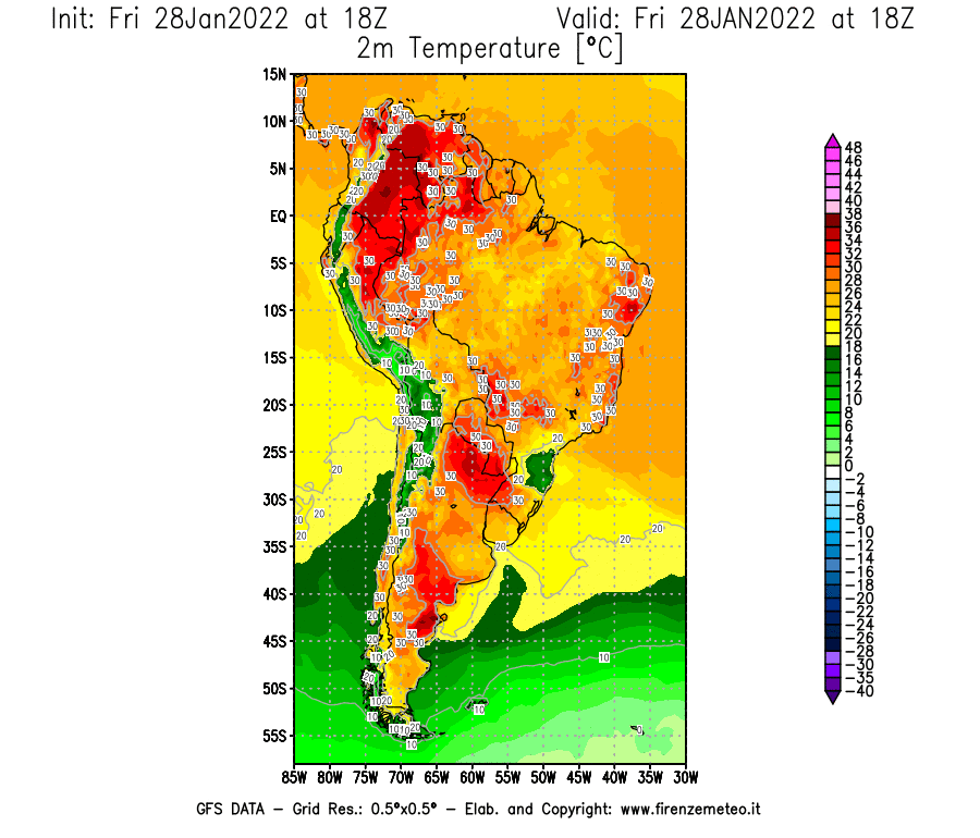 Mappa di analisi GFS - Temperatura a 2 metri dal suolo [°C] in Sud-America
							del 28/01/2022 18 <!--googleoff: index-->UTC<!--googleon: index-->