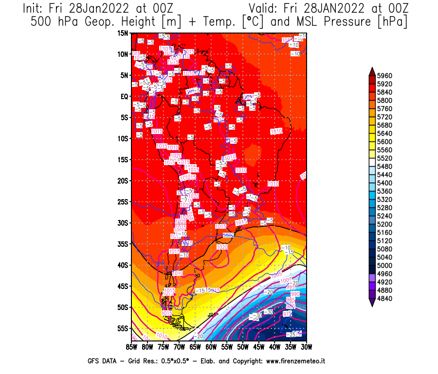 Mappa di analisi GFS - Geopotenziale [m] + Temp. [°C] a 500 hPa + Press. a livello del mare [hPa] in Sud-America
							del 28/01/2022 00 <!--googleoff: index-->UTC<!--googleon: index-->