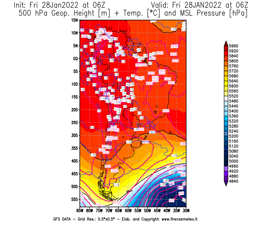Mappa di analisi GFS - Geopotenziale [m] + Temp. [°C] a 500 hPa + Press. a livello del mare [hPa] in Sud-America
							del 28/01/2022 06 <!--googleoff: index-->UTC<!--googleon: index-->