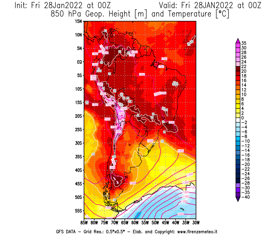 Mappa di analisi GFS - Geopotenziale [m] e Temperatura [°C] a 850 hPa in Sud-America
							del 28/01/2022 00 <!--googleoff: index-->UTC<!--googleon: index-->
