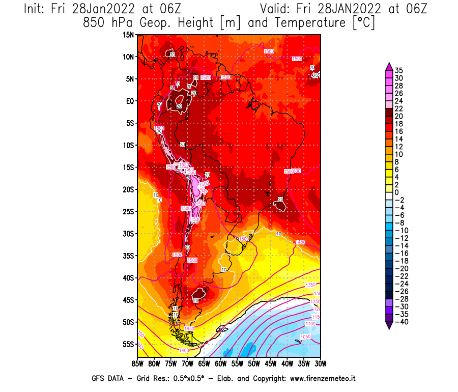Mappa di analisi GFS - Geopotenziale [m] e Temperatura [°C] a 850 hPa in Sud-America
							del 28/01/2022 06 <!--googleoff: index-->UTC<!--googleon: index-->