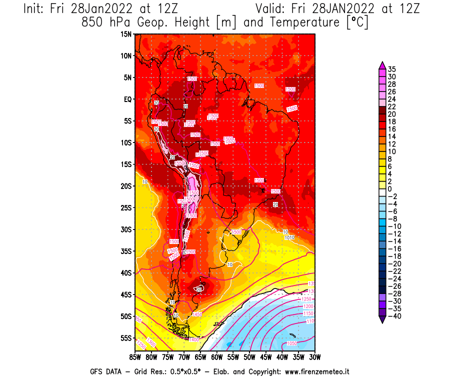 Mappa di analisi GFS - Geopotenziale [m] e Temperatura [°C] a 850 hPa in Sud-America
							del 28/01/2022 12 <!--googleoff: index-->UTC<!--googleon: index-->