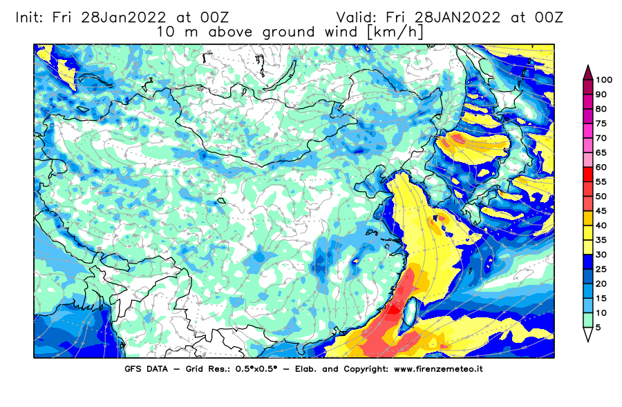 Mappa di analisi GFS - Velocità del vento a 10 metri dal suolo [km/h] in Asia Orientale
							del 28/01/2022 00 <!--googleoff: index-->UTC<!--googleon: index-->