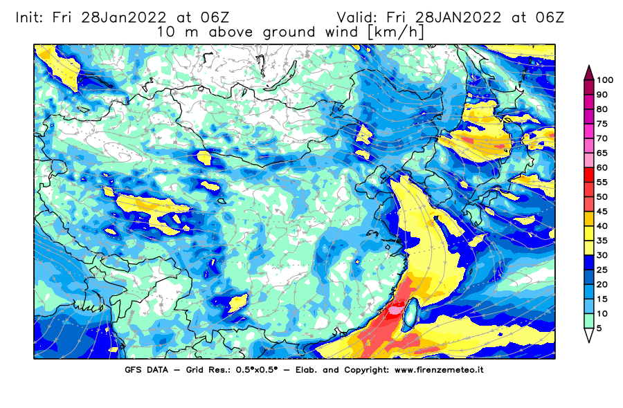 Mappa di analisi GFS - Velocità del vento a 10 metri dal suolo [km/h] in Asia Orientale
							del 28/01/2022 06 <!--googleoff: index-->UTC<!--googleon: index-->