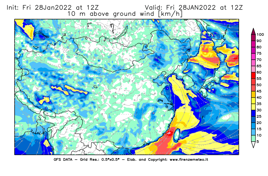 Mappa di analisi GFS - Velocità del vento a 10 metri dal suolo [km/h] in Asia Orientale
							del 28/01/2022 12 <!--googleoff: index-->UTC<!--googleon: index-->