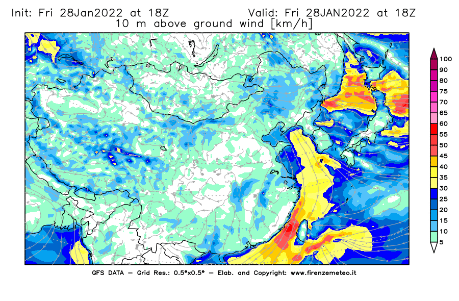 Mappa di analisi GFS - Velocità del vento a 10 metri dal suolo [km/h] in Asia Orientale
							del 28/01/2022 18 <!--googleoff: index-->UTC<!--googleon: index-->