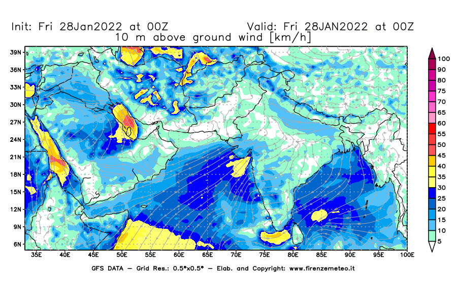 Mappa di analisi GFS - Velocità del vento a 10 metri dal suolo [km/h] in Asia Sud-Occidentale
							del 28/01/2022 00 <!--googleoff: index-->UTC<!--googleon: index-->